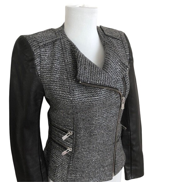 Maje Moto Jacket size 2 Leather Sleeve Silver Metallic Black Remeur Wool tweed - Picture 2 of 10